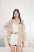 Island Resort Collar Button Down Linen Top in Beige