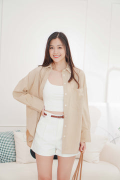 Island Resort Collar Button Down Linen Top in Beige