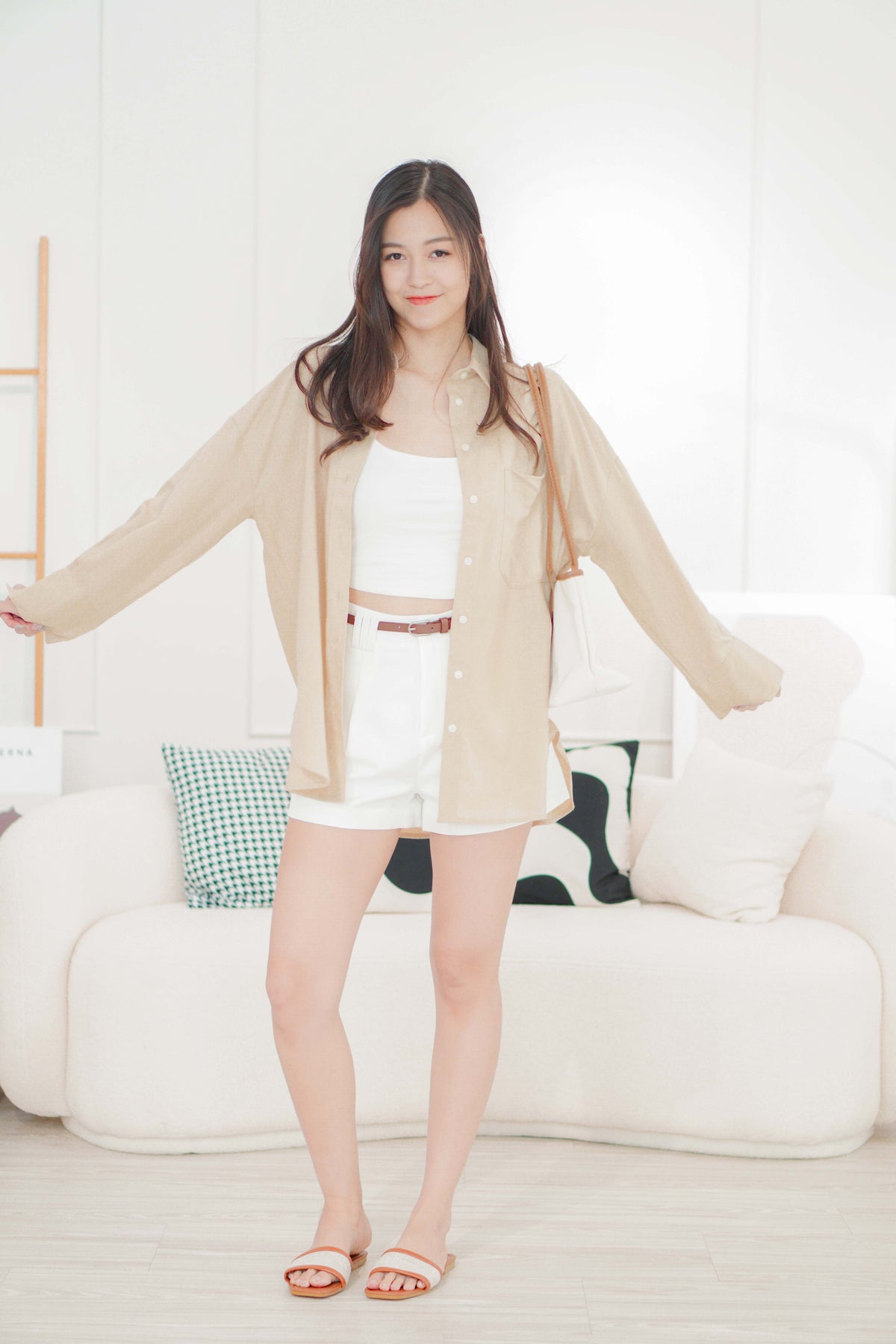 Island Resort Collar Button Down Linen Top in Beige