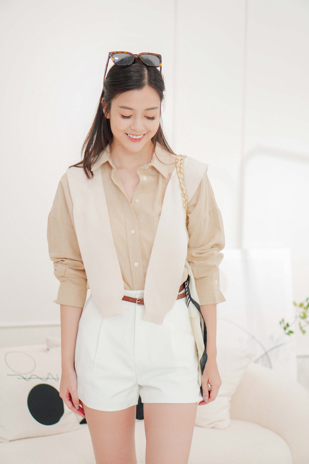 Island Resort Collar Button Down Linen Top in Beige