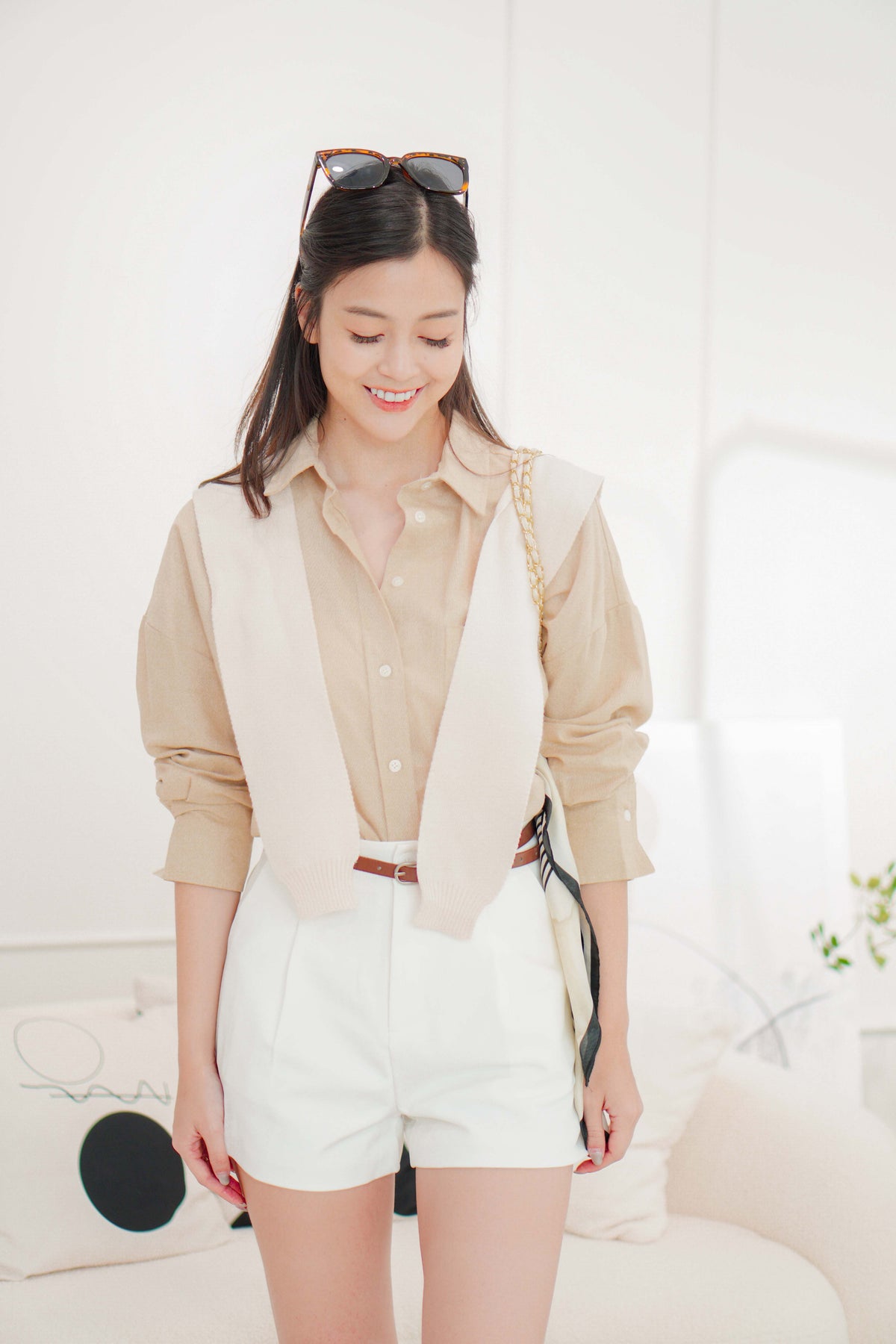 Island Resort Collar Button Down Linen Top in Beige