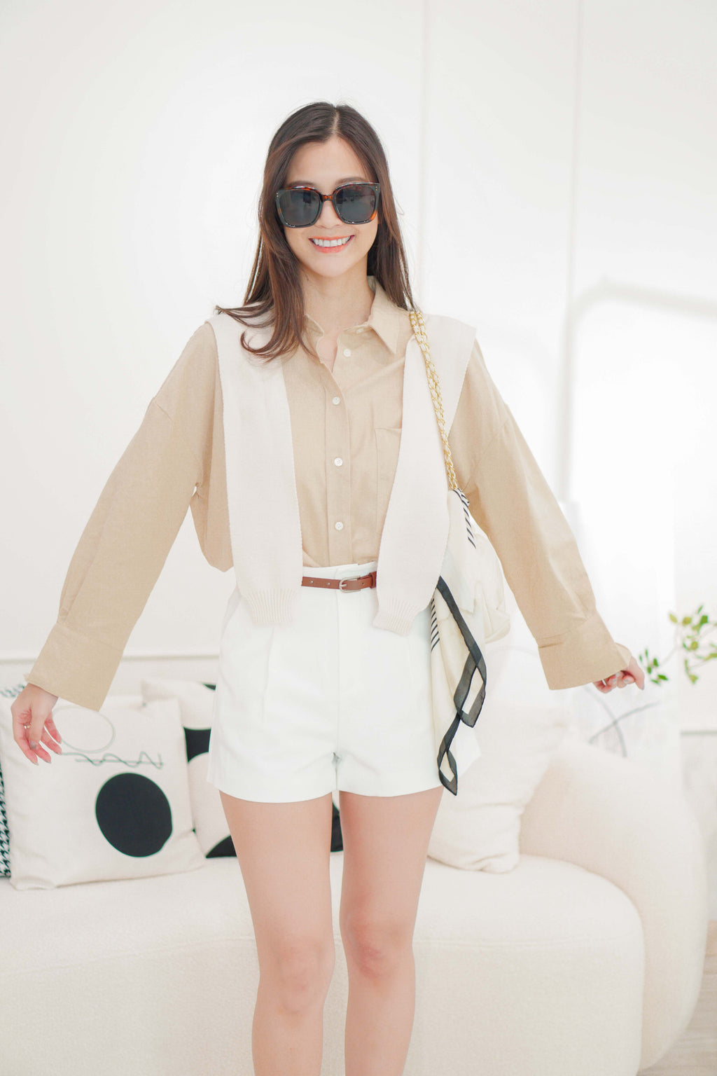Island Resort Collar Button Down Linen Top in Beige