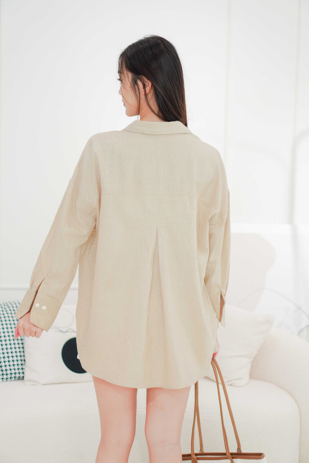 Island Resort Collar Button Down Linen Top in Beige