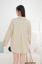 Island Resort Collar Button Down Linen Top in Beige