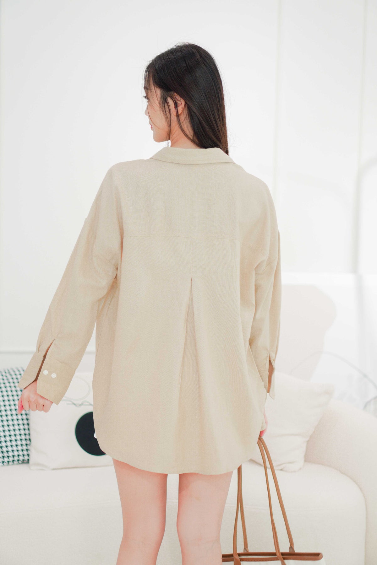 Island Resort Collar Button Down Linen Top in Beige