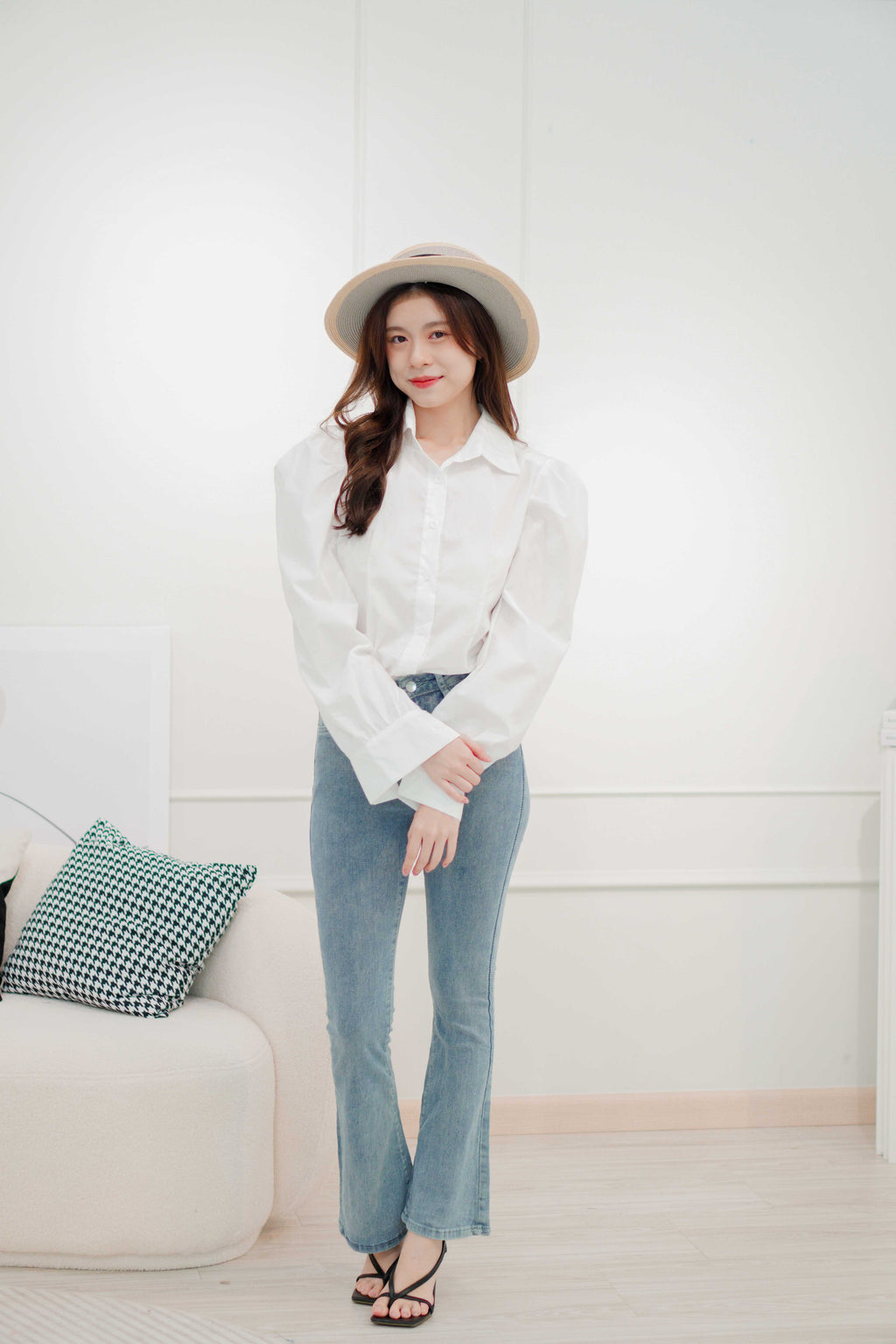 Martha Padded Shoulder Button Down Top in White