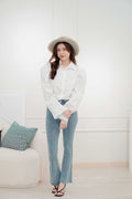 Martha Padded Shoulder Button Down Top in White