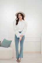 Martha Padded Shoulder Button Down Top in White