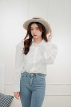 Martha Padded Shoulder Button Down Top in White