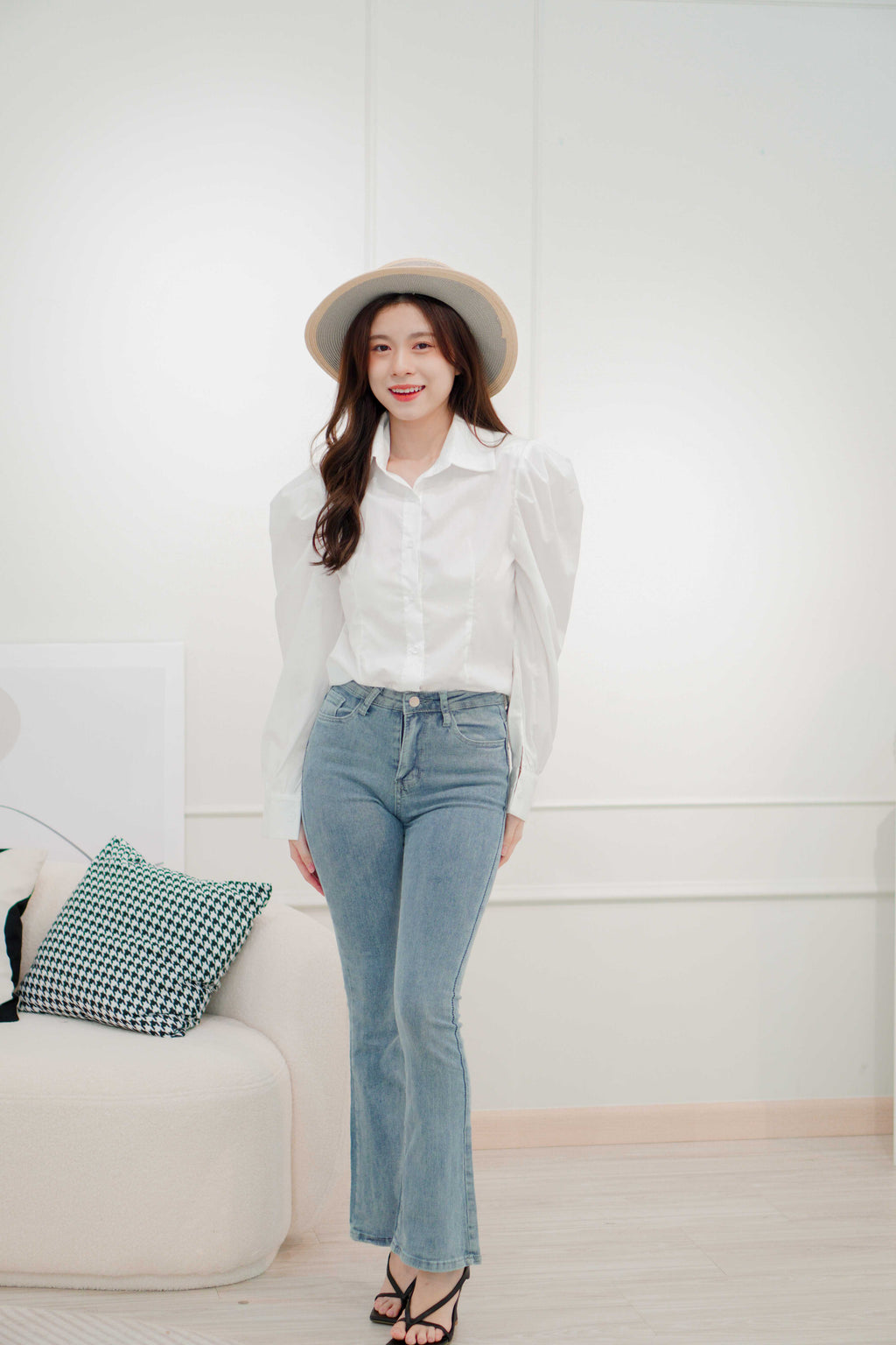 Martha Padded Shoulder Button Down Top in White