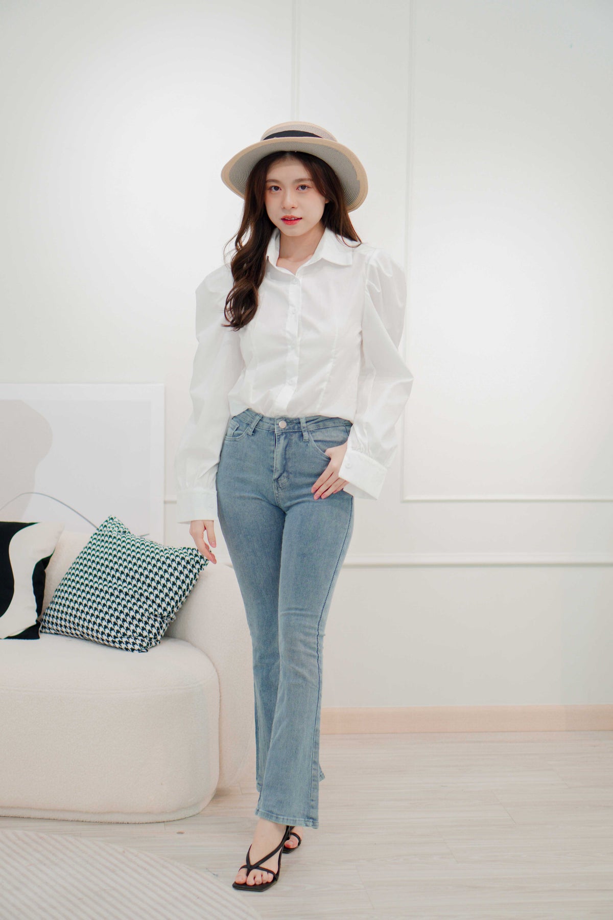 Martha Padded Shoulder Button Down Top in White