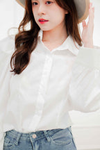Martha Padded Shoulder Button Down Top in White