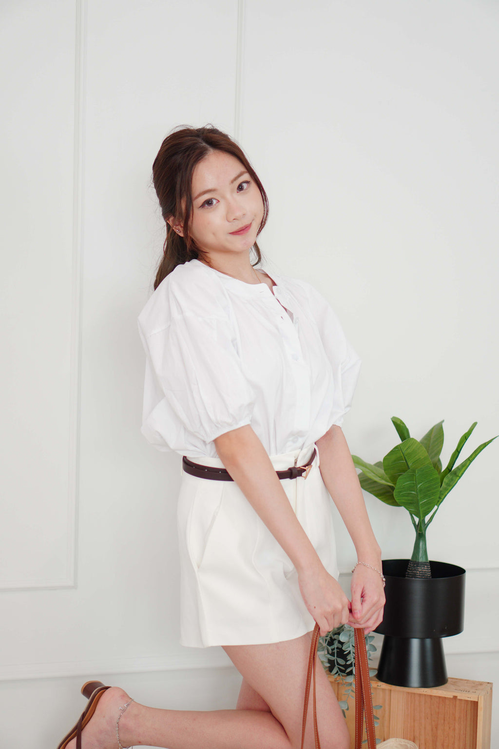 Cloudy Chance Puffy Sleeves Button Down Top in White