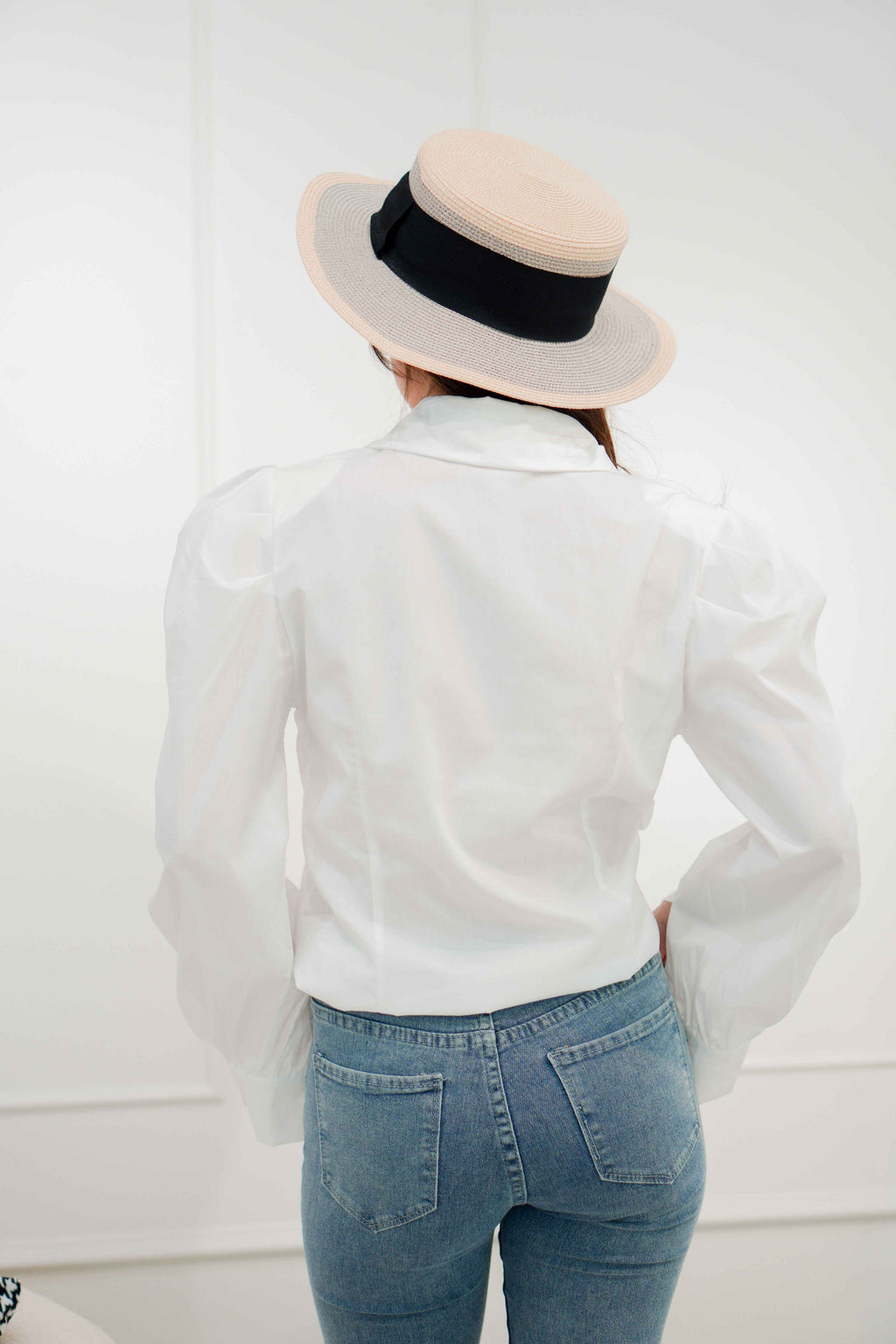 Martha Padded Shoulder Button Down Top in White
