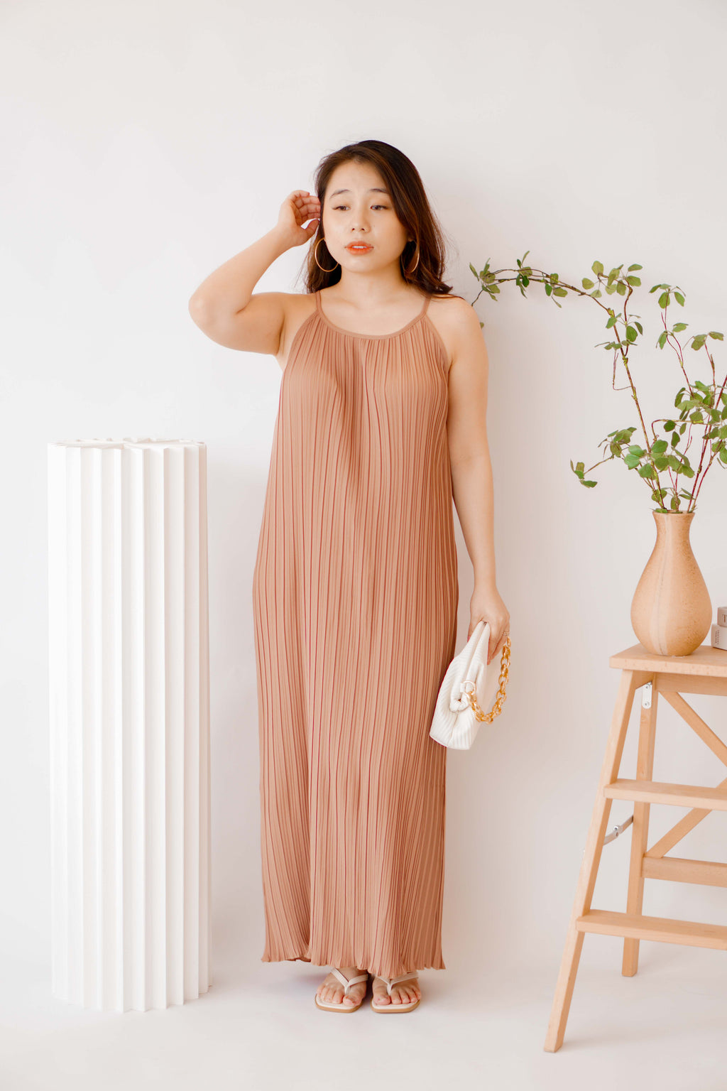 Maxine Pleated Midi Dress in Khaki