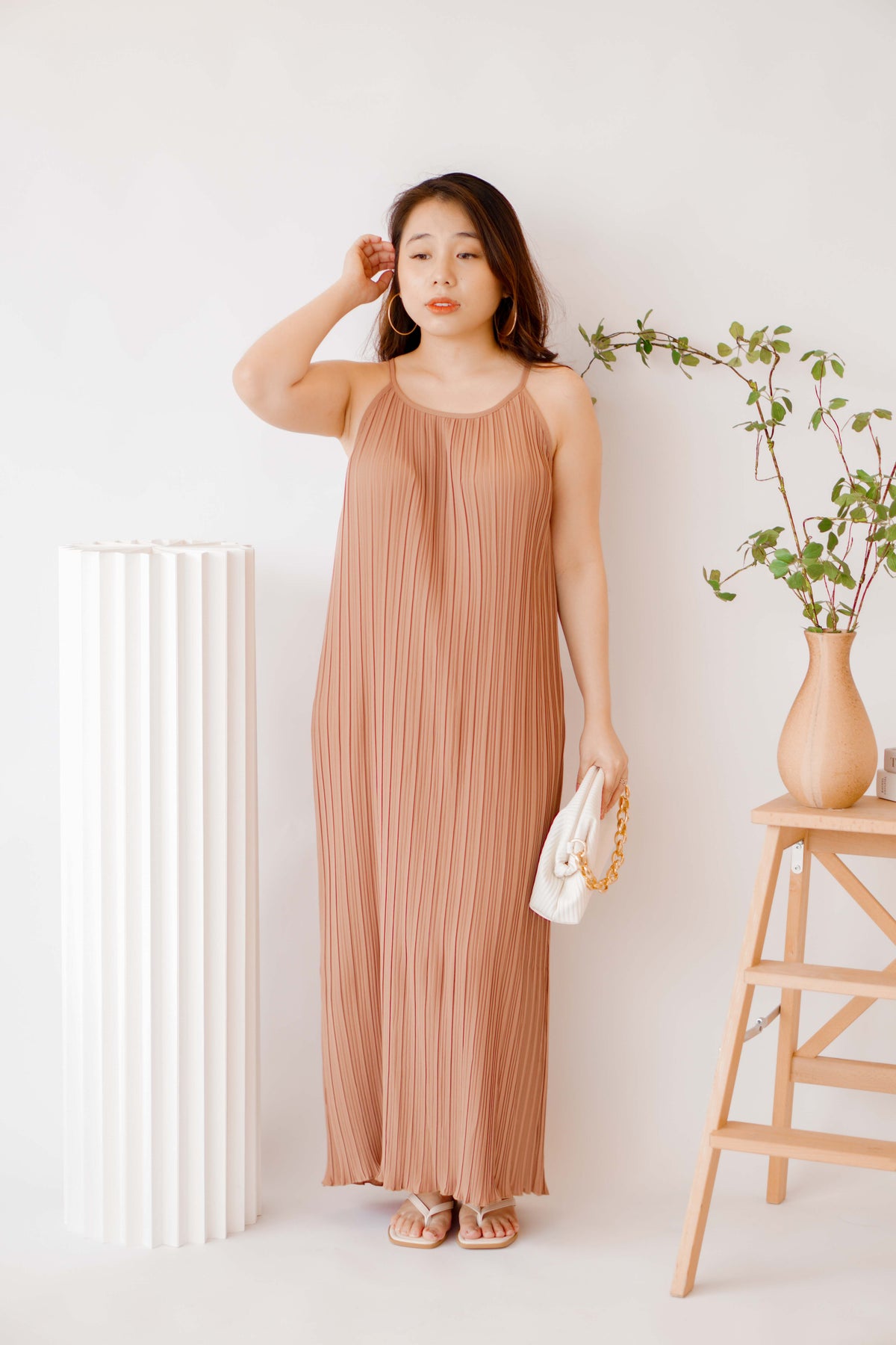 Maxine Pleated Midi Dress in Khaki