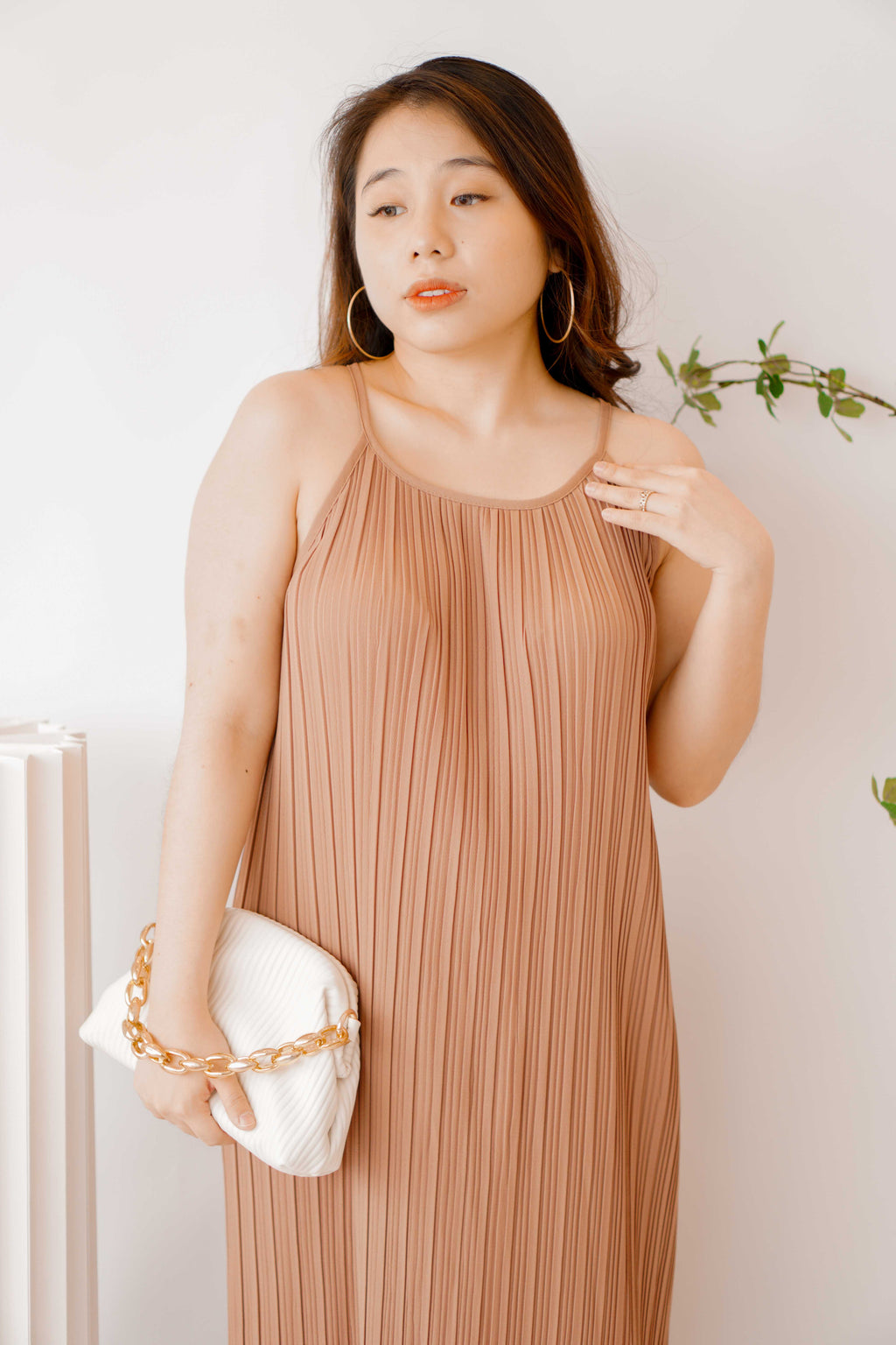 Maxine Pleated Midi Dress in Khaki