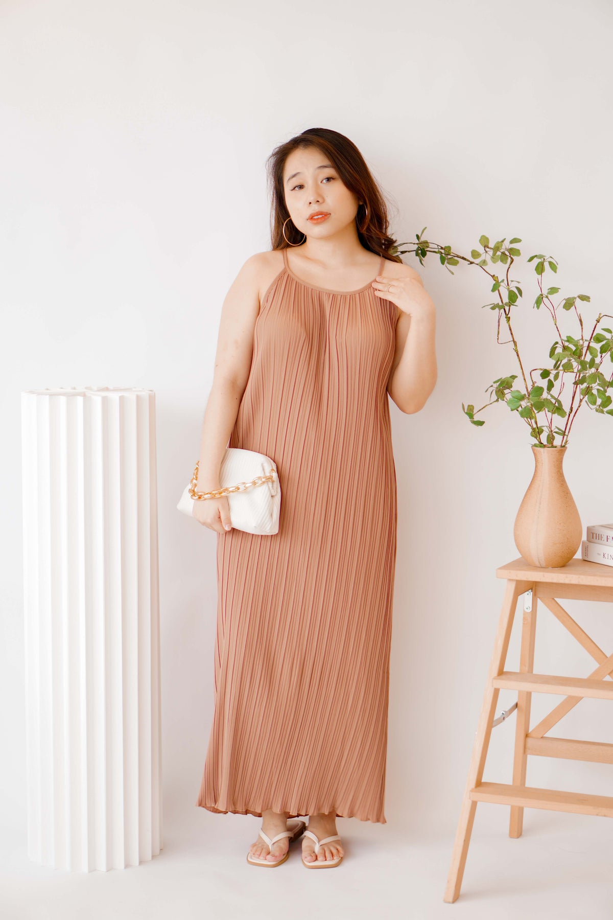Maxine Pleated Midi Dress in Khaki