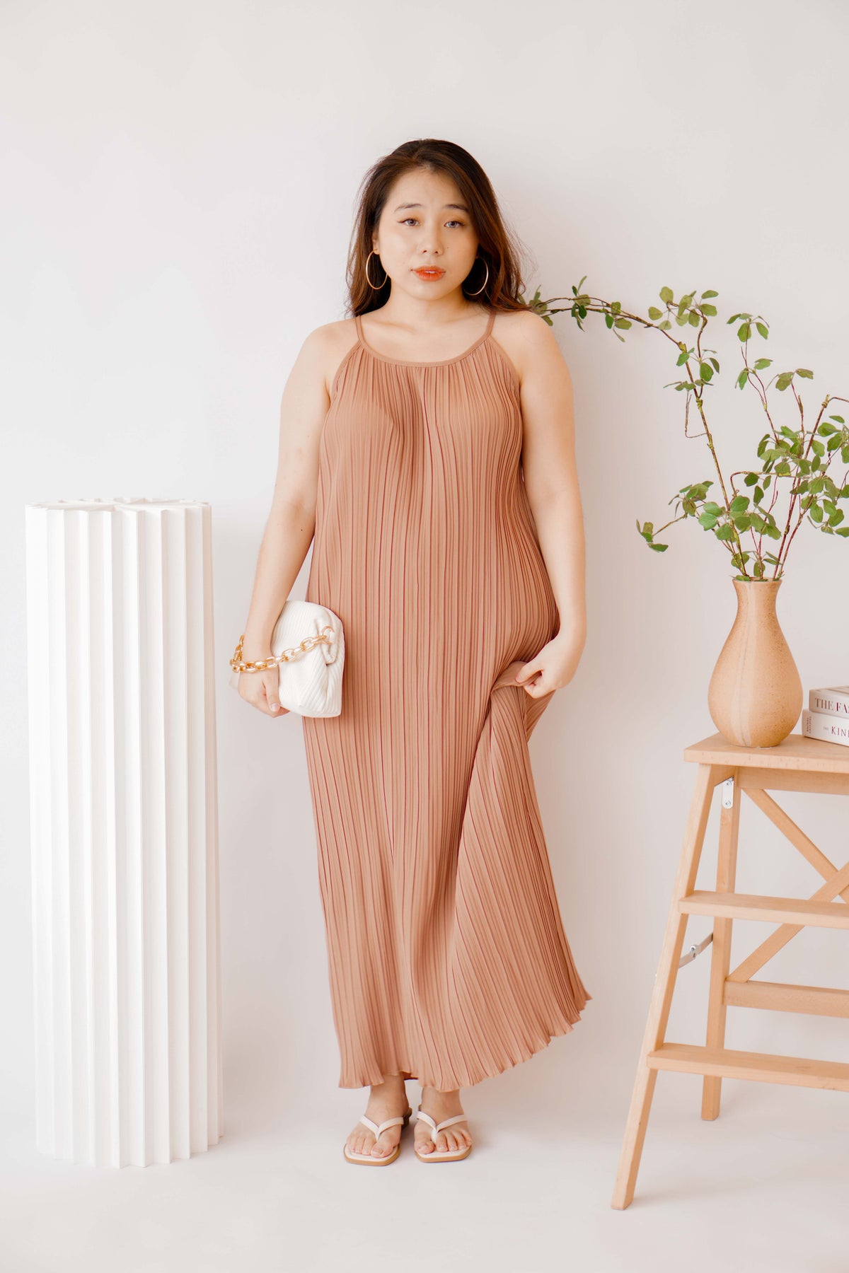 Maxine Pleated Midi Dress in Khaki