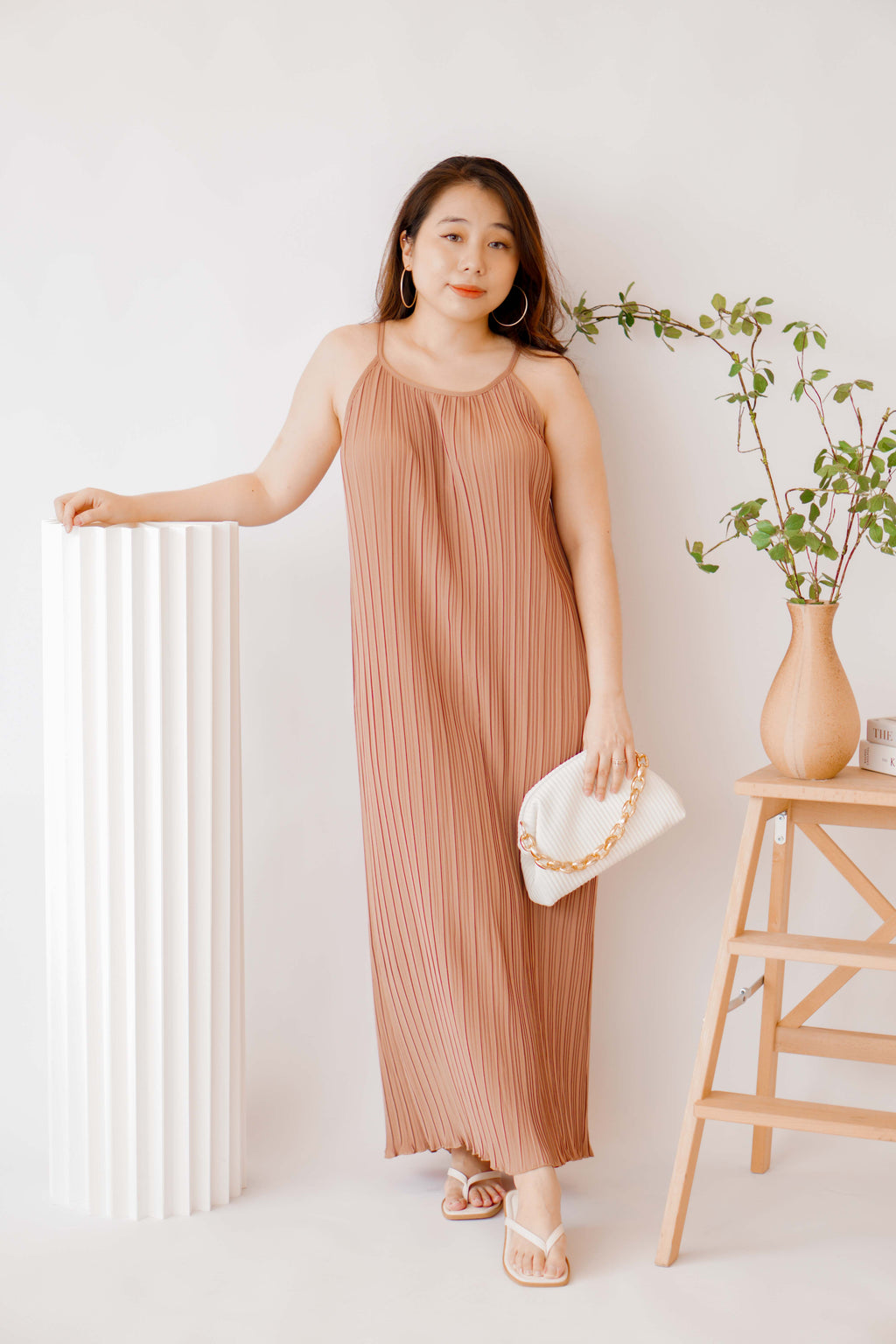 Maxine Pleated Midi Dress in Khaki