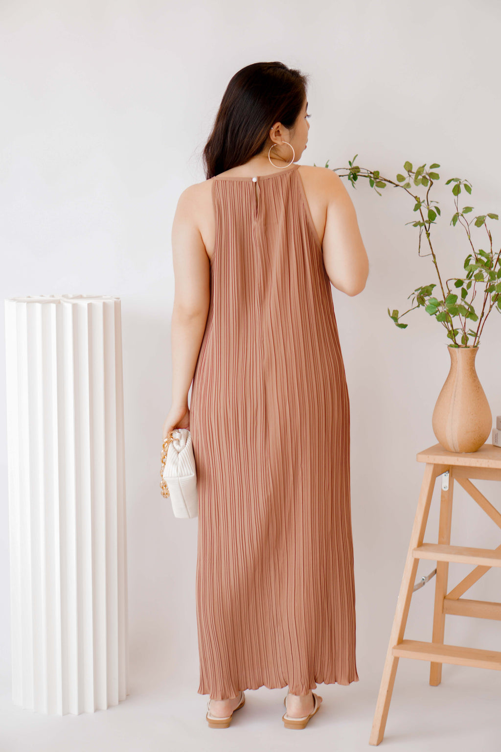 Maxine Pleated Midi Dress in Khaki