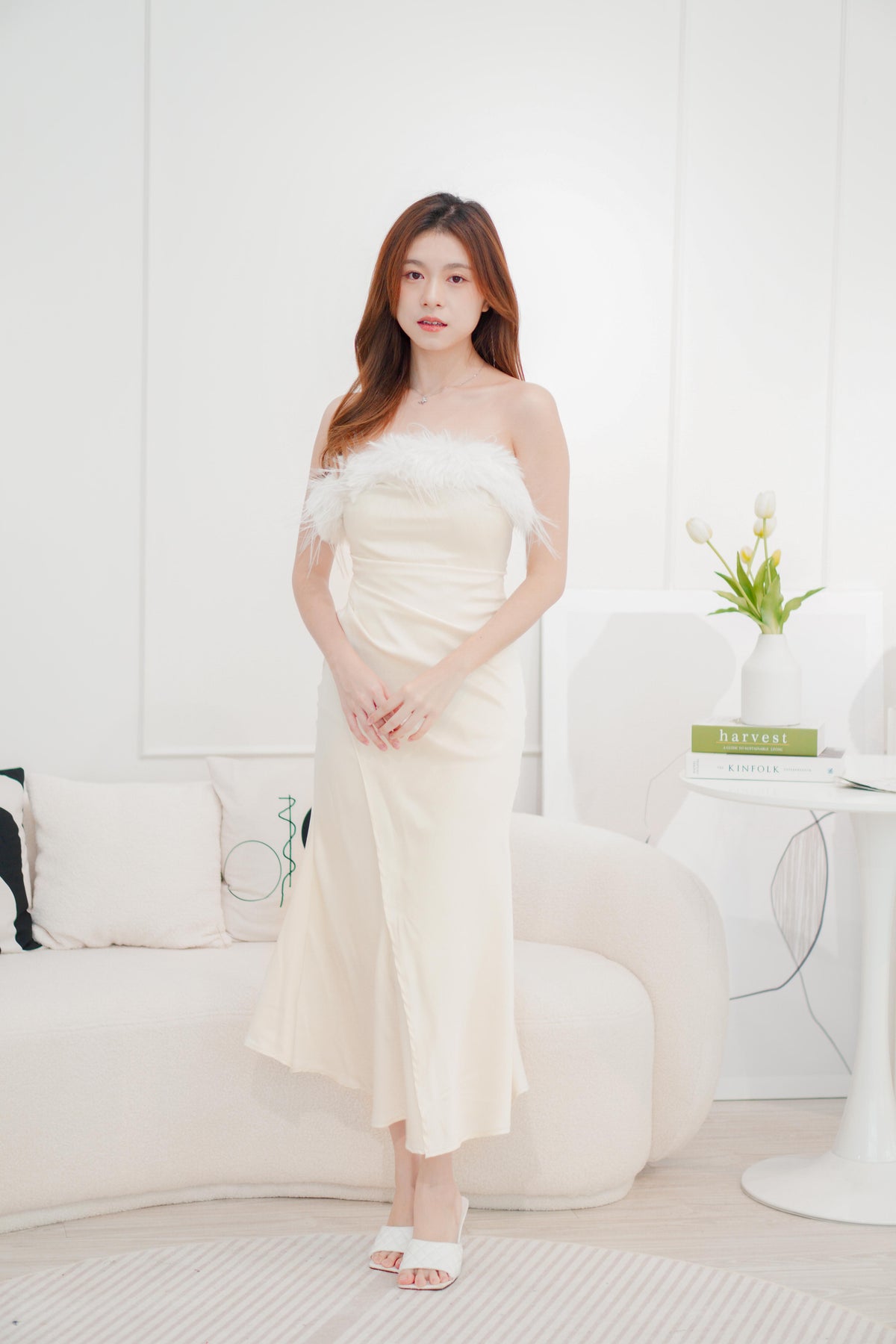 (Premium) Allegra Detachable Feather Tube Satin Dress in Cream