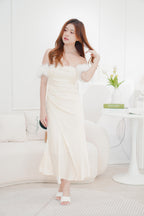 (Premium) Allegra Detachable Feather Tube Satin Dress in Cream