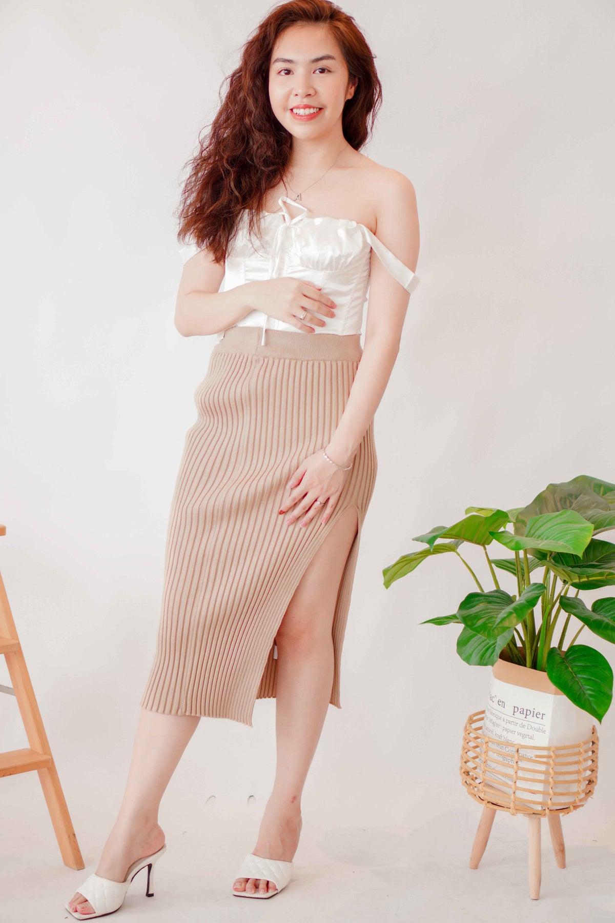 Cassy Knit High Slit Bodycon Skirt in Khaki