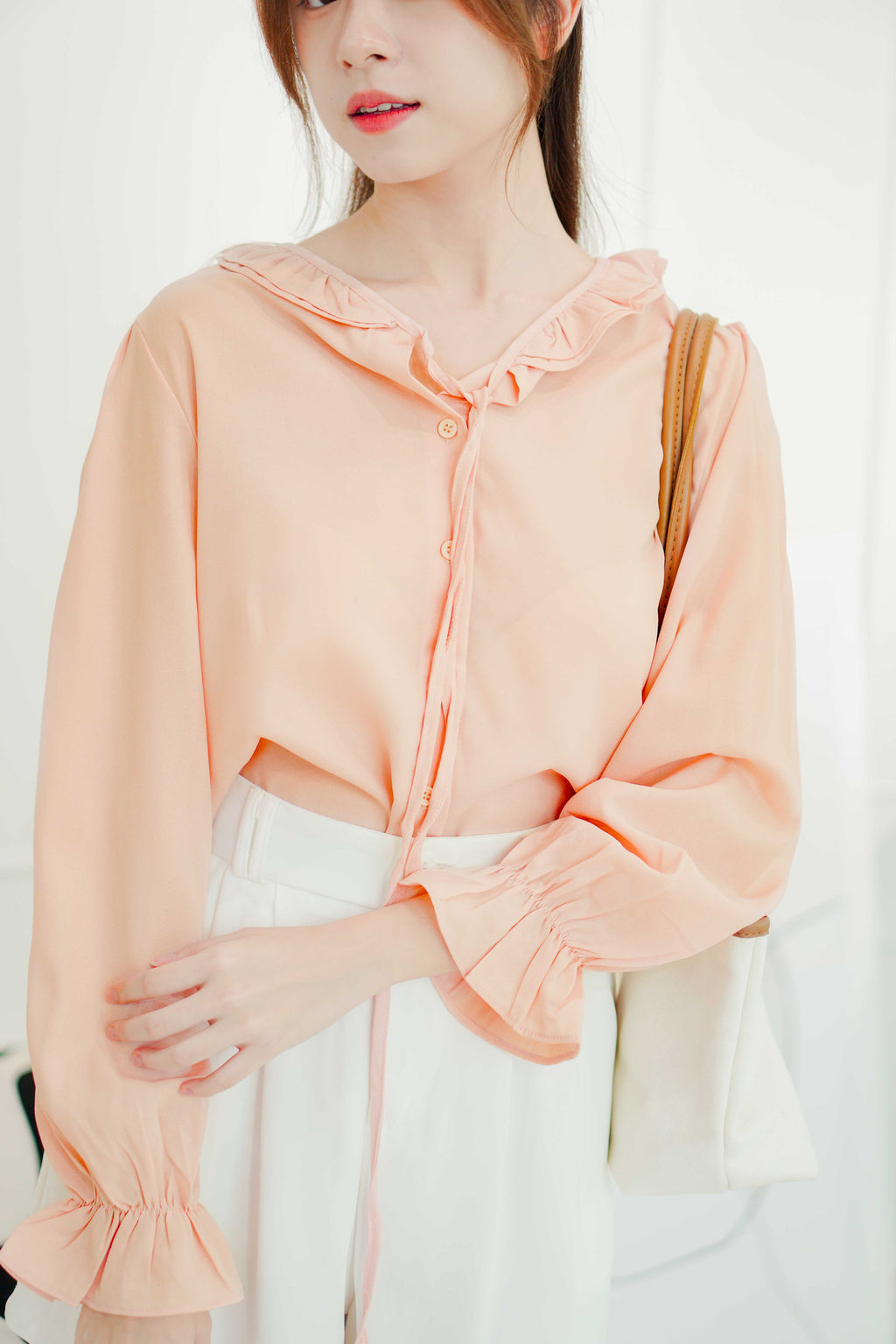 Jeomi Ruffle Long Sleeve Top in Peach Pink