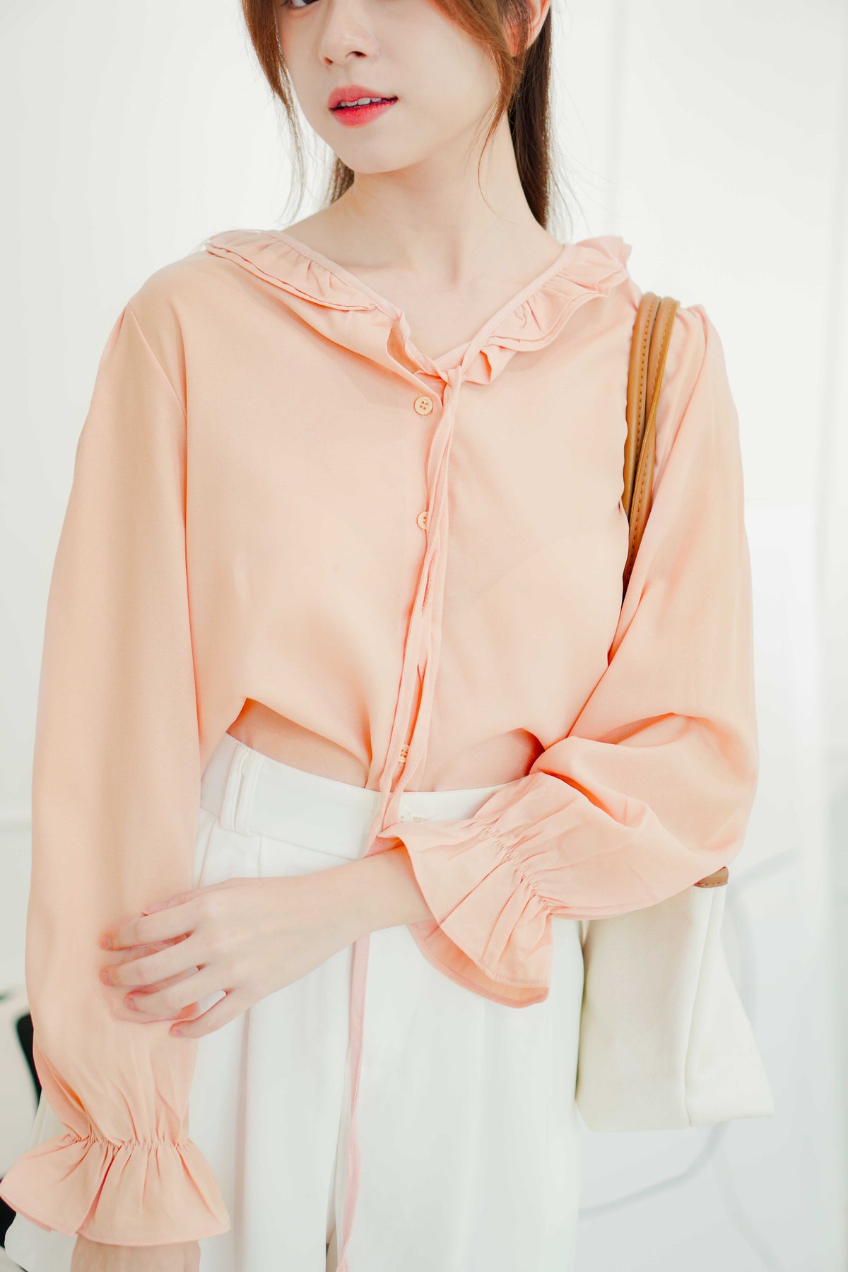 Jeomi Ruffle Long Sleeve Top in Peach Pink
