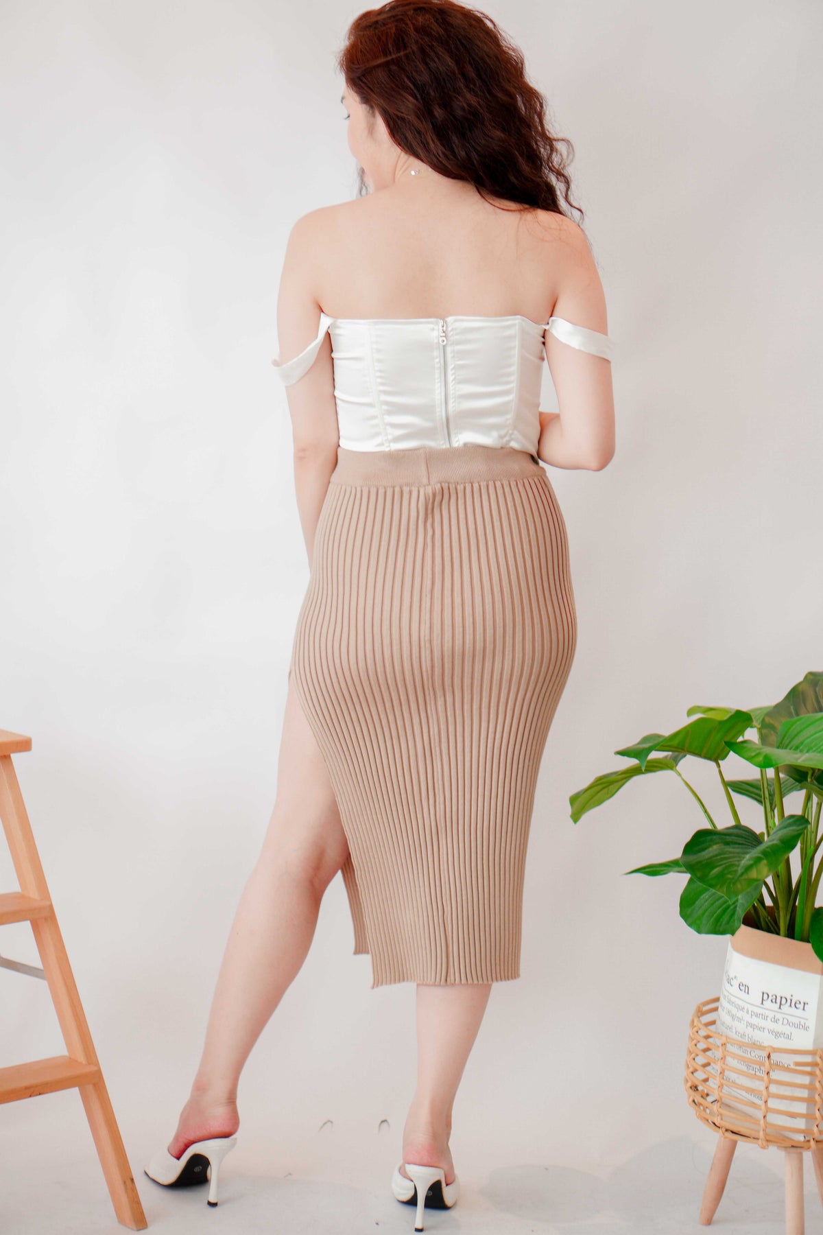 Cassy Knit High Slit Bodycon Skirt in Khaki