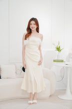 (Premium) Allegra Detachable Feather Tube Satin Dress in Cream