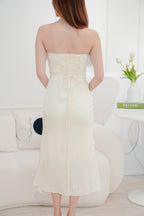 (Premium) Allegra Detachable Feather Tube Satin Dress in Cream
