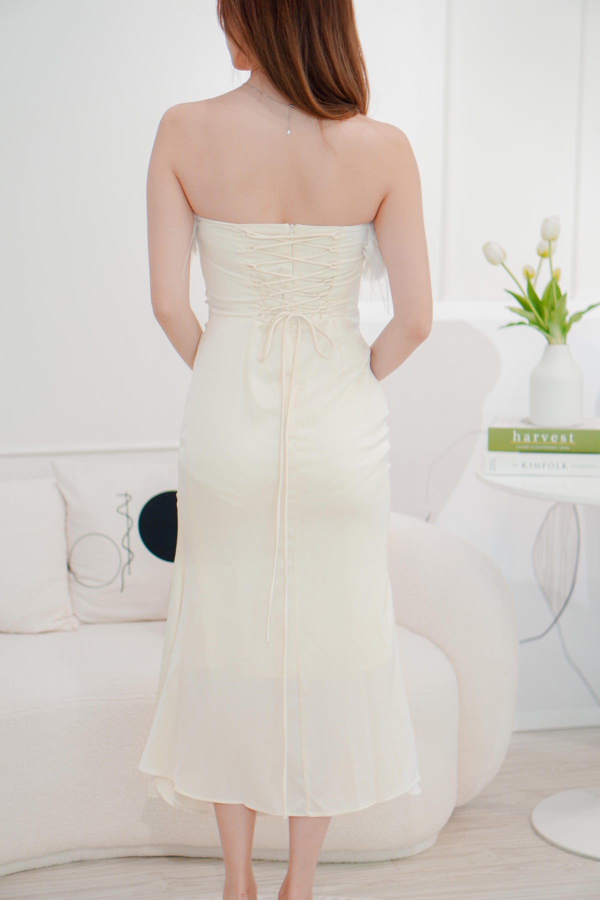(Premium) Allegra Detachable Feather Tube Satin Dress in Cream