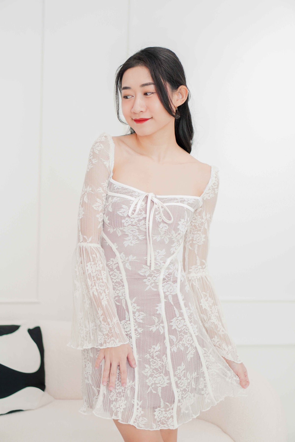 Anastasia Long Sleeve Lace Bustier Dress in White