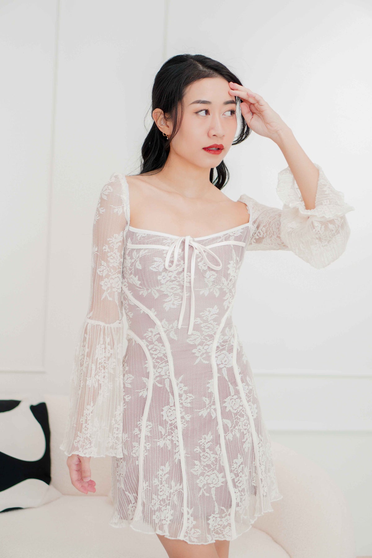 Anastasia Long Sleeve Lace Bustier Dress in White