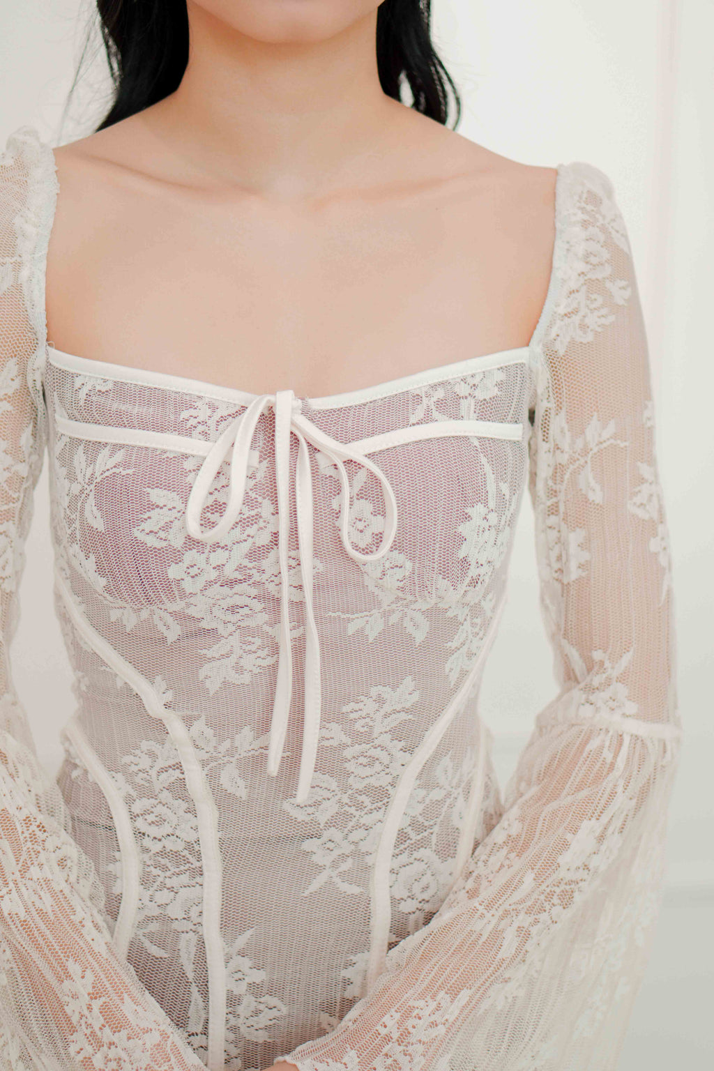 Anastasia Long Sleeve Lace Bustier Dress in White