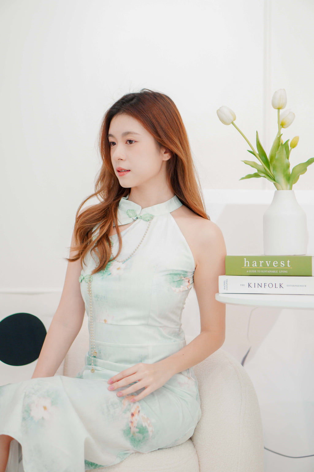 Qing Yi Pearl Halter Neck Cheongsam in Light Green