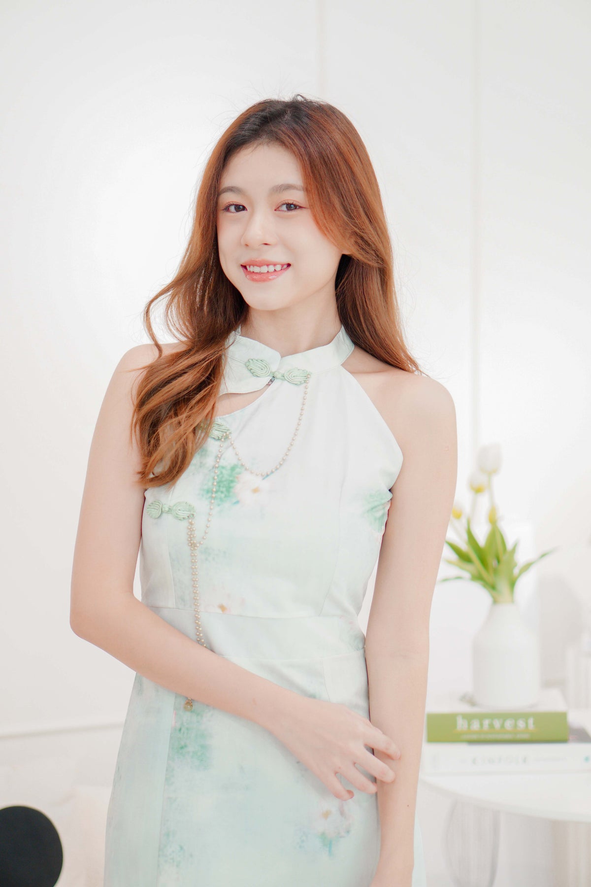 Qing Yi Pearl Halter Neck Cheongsam in Light Green