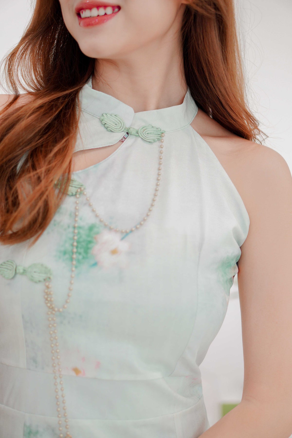 Qing Yi Pearl Halter Neck Cheongsam in Light Green