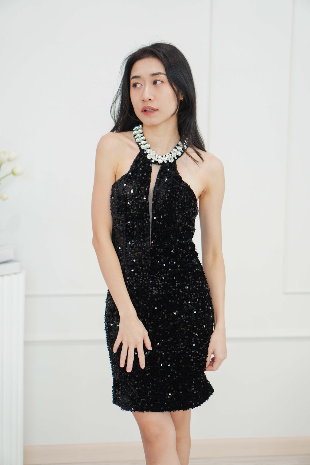 Glamis High Neck Crystal Padded Bodycon Dress in Black