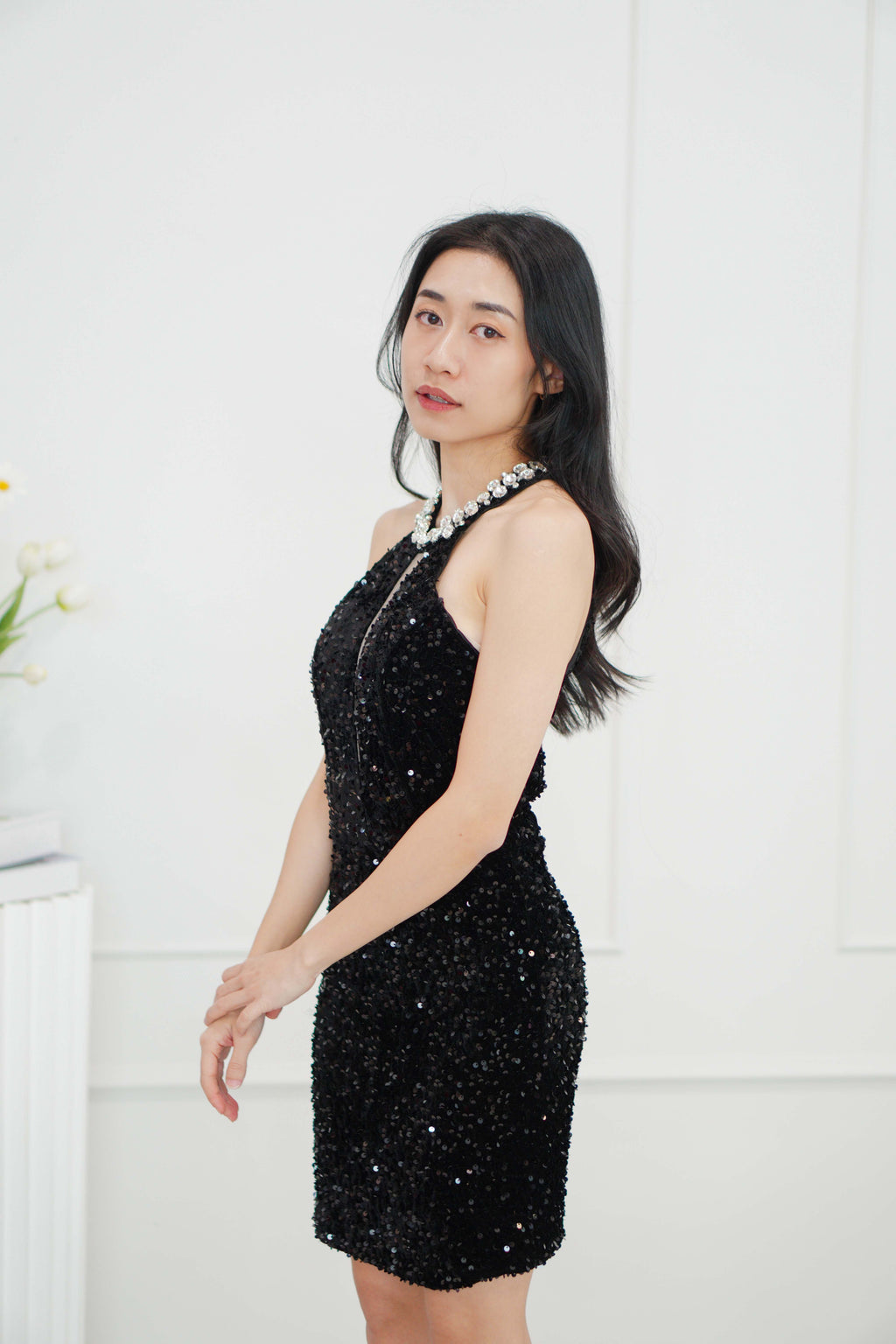 Glamis High Neck Crystal Padded Bodycon Dress in Black