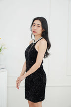 Glamis High Neck Crystal Padded Bodycon Dress in Black