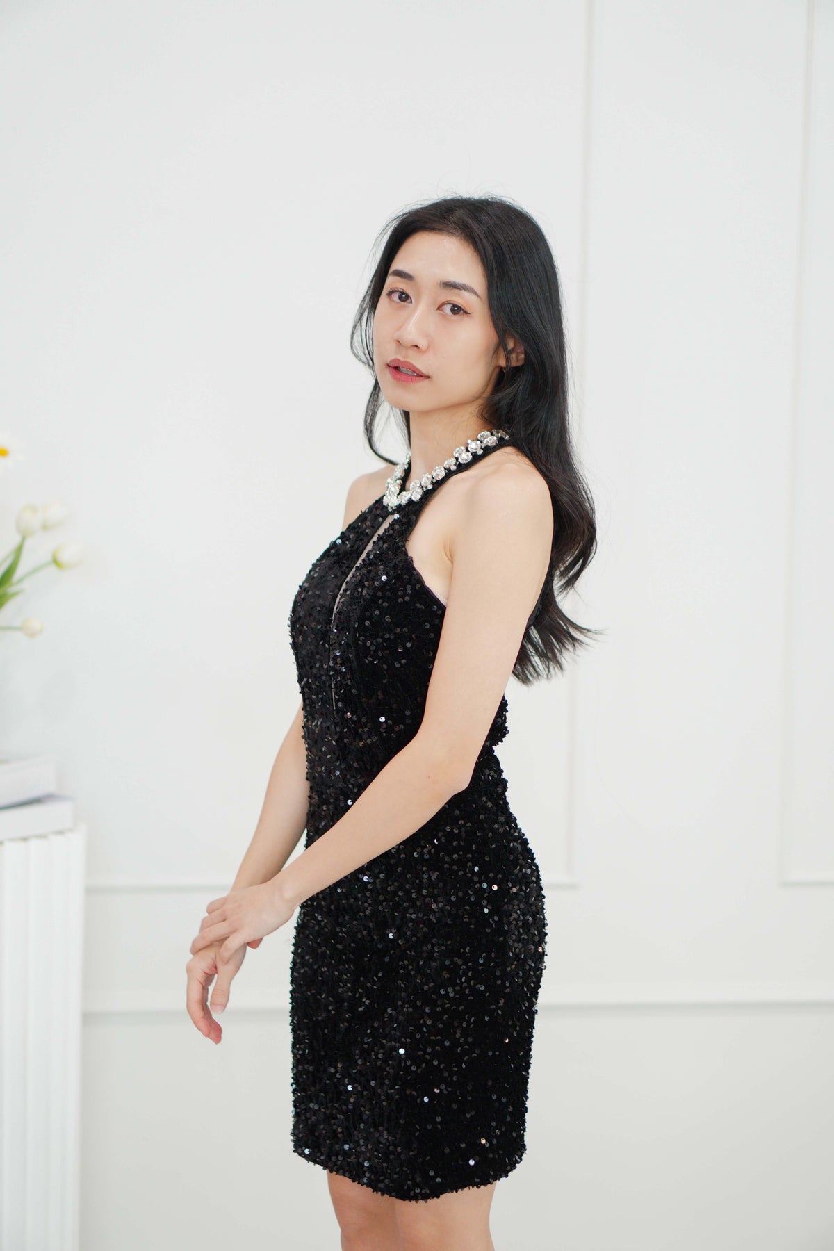 Glamis High Neck Crystal Padded Bodycon Dress in Black