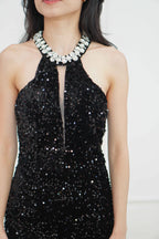 Glamis High Neck Crystal Padded Bodycon Dress in Black