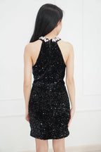 Glamis High Neck Crystal Padded Bodycon Dress in Black