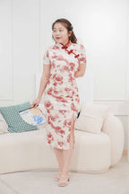 Ran Rose Printed Floral Ruched Cheongsam with Slit in Red