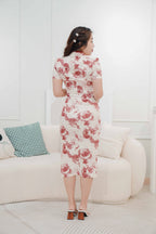 Ran Rose Printed Floral Ruched Cheongsam with Slit in Red