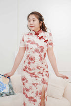 Ran Rose Printed Floral Ruched Cheongsam with Slit in Red