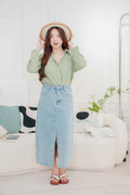 Island Resort Collar Button Down Linen Top in Green